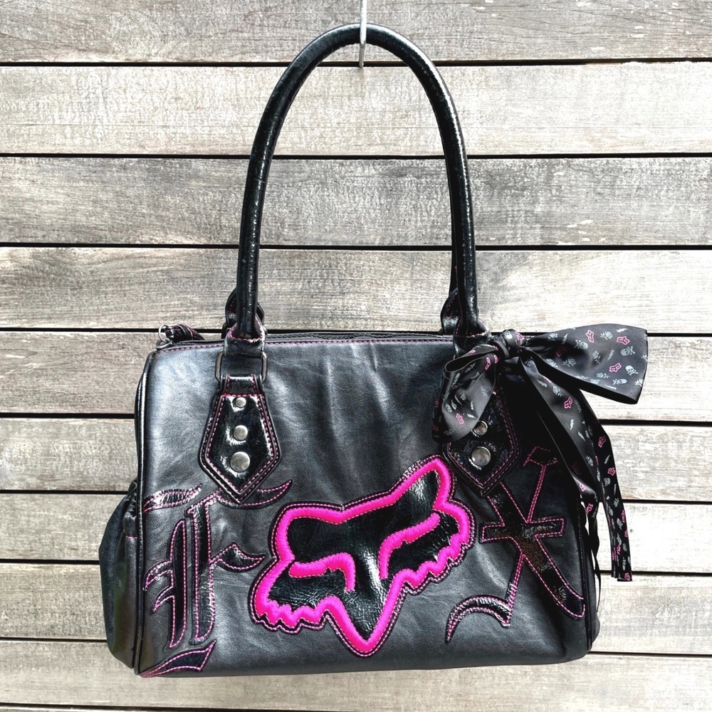 Vintage Fox Racing Purse 90s Black Pink Embroidered Satchel Bag Y2K Punk Bow